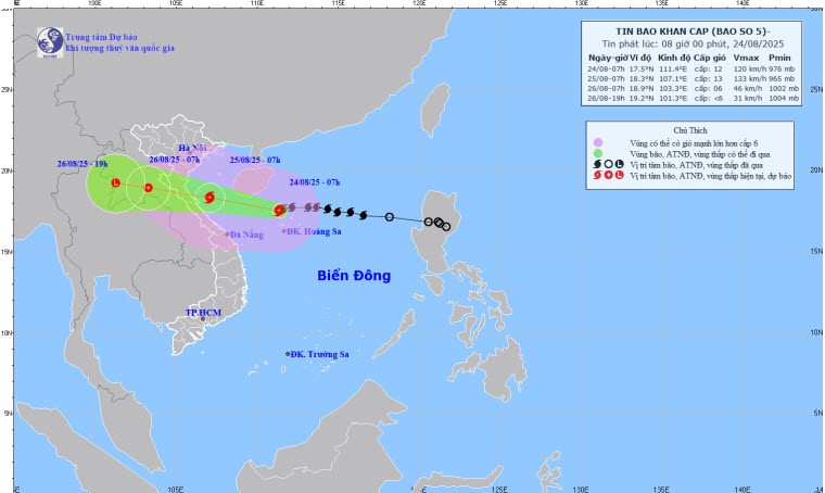 Bản đồ dự báo quỹ đạo và cường độ bão số 5 lúc 8 giờ ngày 24/8/2025.