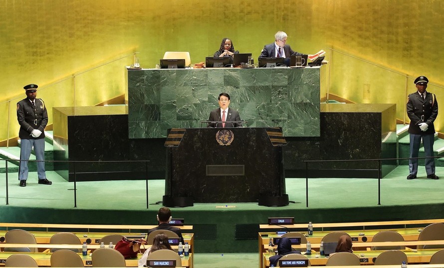 Chủ tịch nước Lương Cường phát biểu tại Phiên Thảo luận chung cấp cao Đại hội đồng Liên hợp quốc Khoá 80. Ảnh: TTXVN.