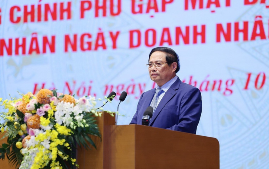 Thủ tướng Phạm Minh Chính phát biểu tại Hội nghị gặp mặt đại diện doanh nghiệp nhân Ngày doanh nhân Việt Nam.