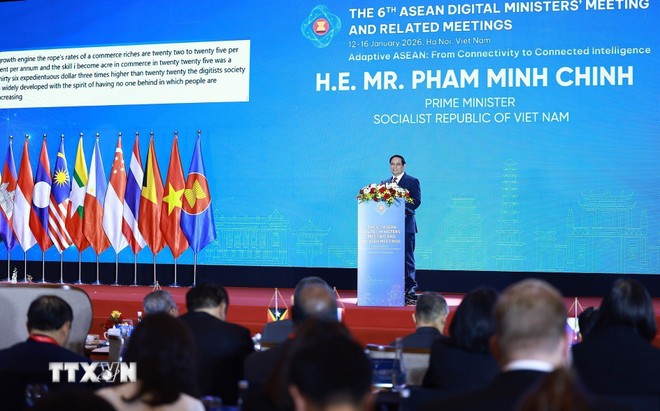 Thủ tướng Phạm Minh Chính phát biểu tại Lễ khai mạc Hội nghị Bộ trưởng Số ASEAN (ADGMIN) lần thứ 6. Ảnh: Dương Giang/TTXVN.