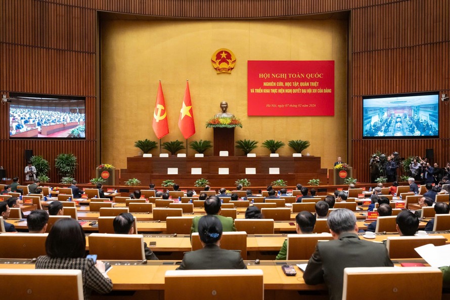 Toàn cảnh Hội nghị toàn quốc nghiên cứu, học tập, quán triệt và triển khai thực hiện Nghị quyết Đại hội XIV của Đảng tại điểm cầu Nhà Quốc hội, Hà Nội.
