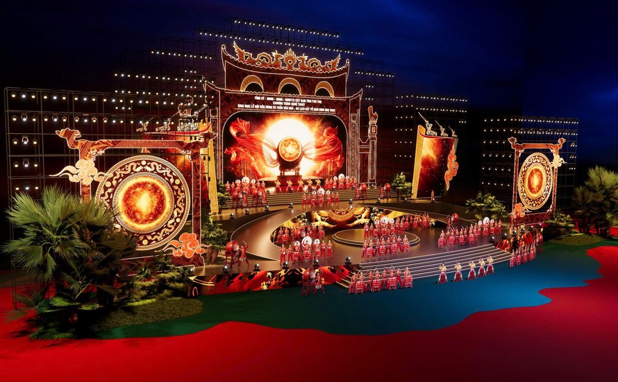 Phối cảnh sân khấu của chương trình “Linh thiêng nguồn cội - Đất Tổ Hùng Vương”.