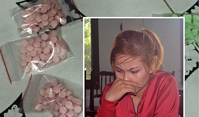 Đối tượng Hứa Thị Hoàng Phi và một số ma túy tổng hợp tang vật.