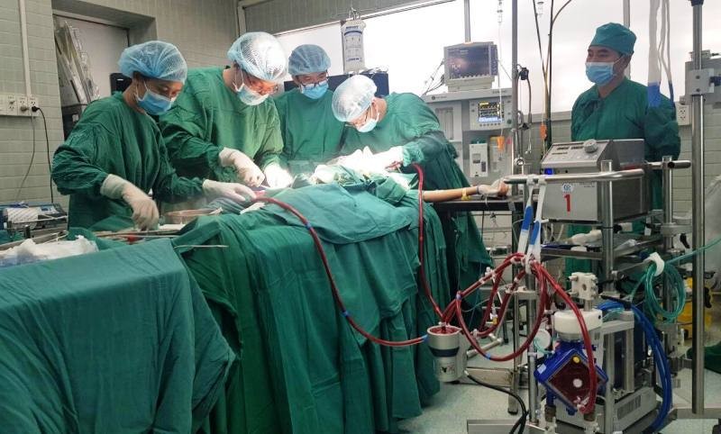 Bác sĩ dùng ECMO thay thế chức năng phổi đưa máu ra ngoài, kết hợp phương pháp trượt.