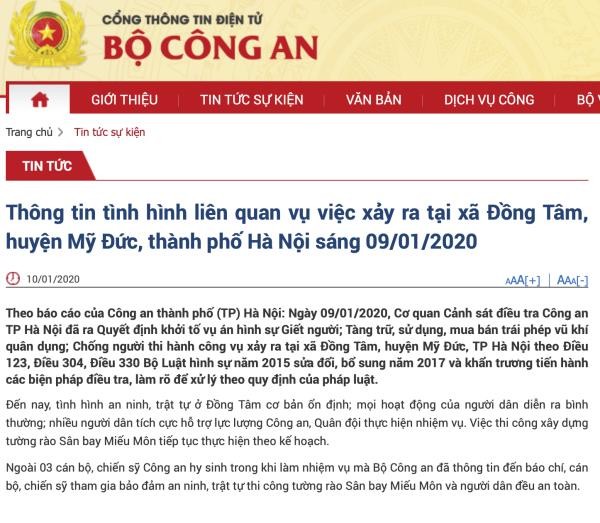 Thông báo của Bộ Công an về vụ việc xảy ra tại xã Đồng Tâm.