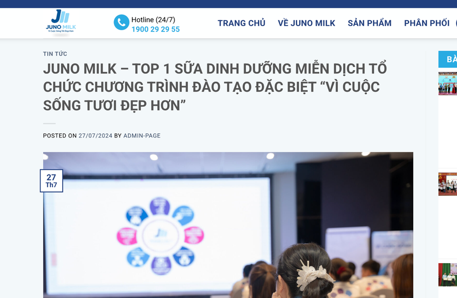 Juno Milk sử dụng thông điệp gây ấn tượng mạnh là "Top 1 Việt Nam ngành sữa miễn dịch", được đăng tải trên website junomilk.vn ngày 27/7/2024. (Ảnh chụp màn hình)