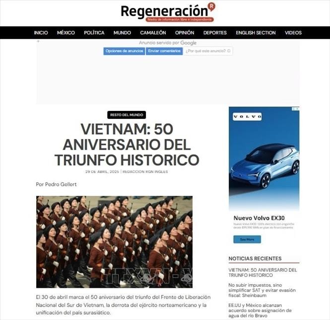 Tiêu đề bài “Việt Nam: 50 năm chiến thắng lịch sử” trên tờ Regeneración. Ảnh chụp màn hình