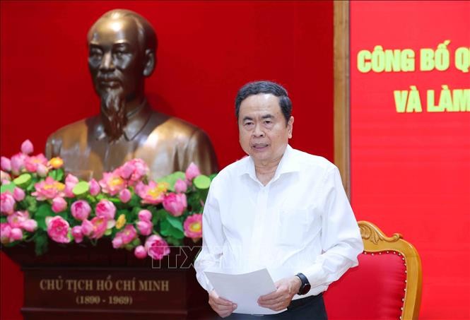 Chủ tịch Quốc hội Trần Thanh Mẫn, Trưởng đoàn Kiểm tra, giám sát phát biểu tại hội nghị. Ảnh: Phương Hoa