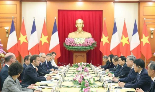 Tổng Bí thư Tô Lâm tiếp Tổng thống Pháp Emmanuel Macron thăm cấp Nhà nước tới Việt Nam (26/5/2025). Ảnh: Thống Nhất/TTXVN