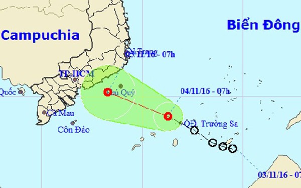 Hướng đi dự kiến của áp thấp nhiệt đới. Ảnh: TTDBKTTVTƯ