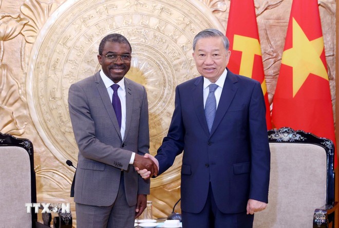 Tổng Bí thư Tô Lâm tiếp ông Lazare Eloundou Assomo, Giám đốc Trung tâm Di sản Thế giới của Tổ chức Giáo dục, Khoa học và Văn hóa của Liên hợp quốc (UNESCO). (Ảnh: Phạm Kiên/TTXVN)