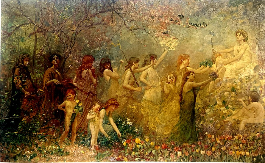 Bức “Spring” (1898) của Louis Comfort Tiffany với màu tươi sáng, gợi không khí nhẹ nhàng, tràn đầy sức sống của mùa xuân. Ảnh: The “Lost” Treasures of Louis Comfort Tiffany