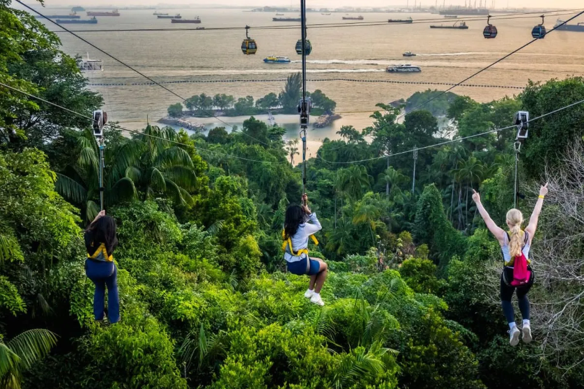 Nhóm du khách đang trải nghiệm cảm giác “bay” giữa không trung tại MegaZip Sentosa (Nguồn: Pelago)