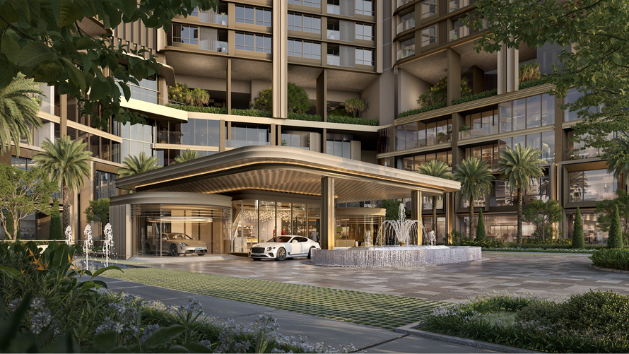 Sảnh đón Grand Arrival Court được thiết kế tinh tế với ánh sáng, cây xanh và mặt nước