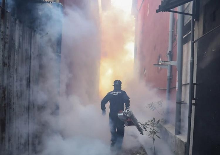 Một nhân viên y tế Sri Lanka dùng thuốc diệt muỗi trong chiến dịch kiểm soát sốt xuất huyết tại thủ đô Colombo. Ảnh: EPA