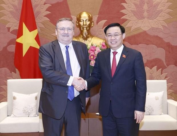 Chủ tịch Quốc hội Vương Đình Huệ tiếp Đại sứ Hungary tại Việt Nam Ory Csaba. (Ảnh: Doãn Tấn/TTXVN)