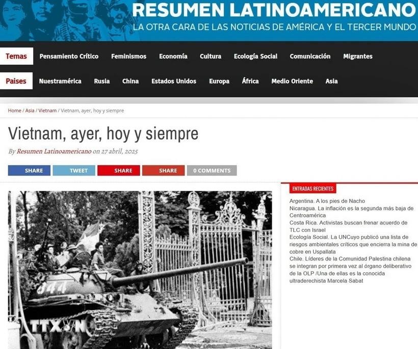 Dưới tiêu đề “Việt Nam, hôm qua, hôm nay và mãi mãi,” Resumen Latinoamericano điểm lại chặng đường 117 năm đấu tranh không ngơi nghỉ, từ Cách mạng Tháng Tám 1945 dưới sự lãnh đạo của Chủ tịch Hồ Chí Minh, đến chiến thắng Điện Biên Phủ “lừng lẫy năm châu, chấn động địa cầu” năm 1954. (Ảnh: chụp màn hình)