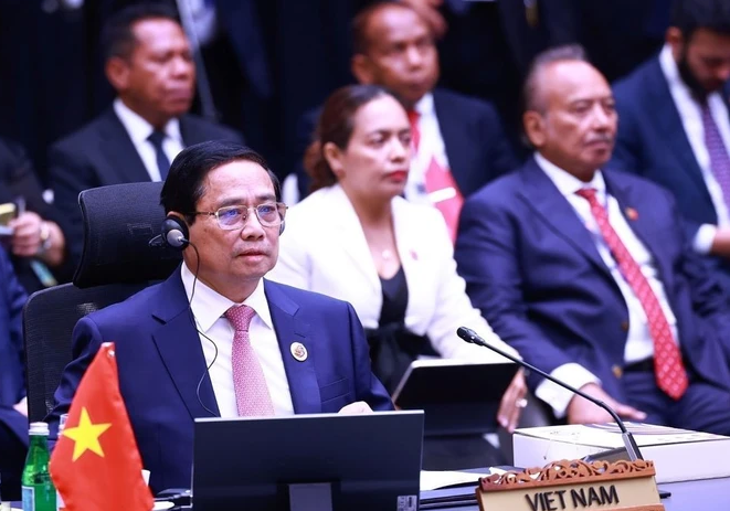Thủ tướng Phạm Minh Chính tham dự và phát biểu tại Phiên toàn thể Hội nghị Cấp cao ASEAN lần thứ 46. (Ảnh: Dương Giang/TTXVN)