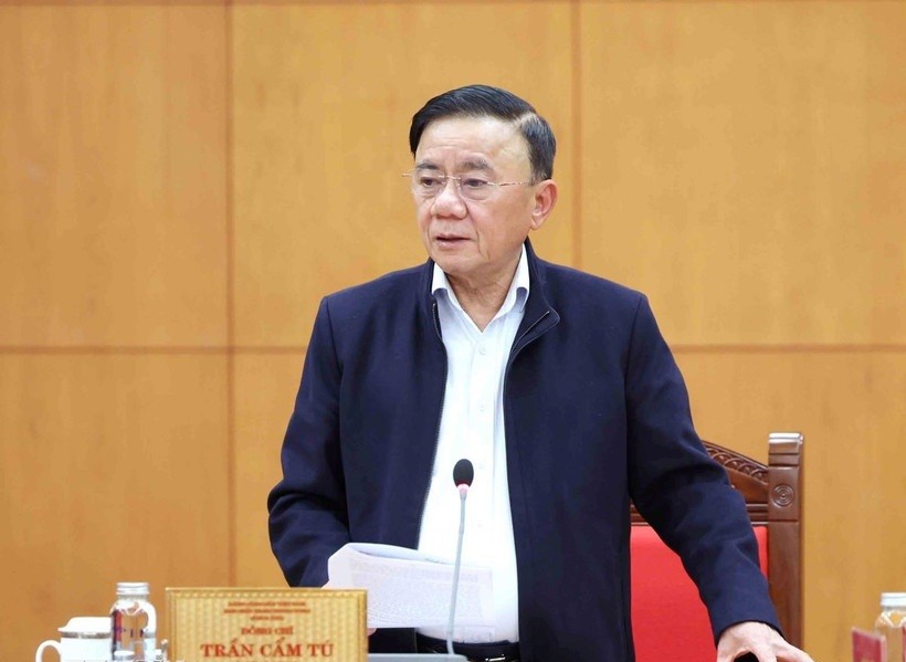 Đồng chí Trần Cẩm Tú, Uỷ viên Bộ Chính trị, Thường trực Ban Bí thư, Trưởng Tiểu ban Tổ chức phục vụ Đại hội XIV phát biểu chỉ đạo buổi làm việc.