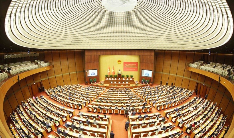 Quang cảnh Hội nghị toàn quốc nghiên cứu, học tập, quán triệt và triển khai thực hiện Nghị quyết Đại hội XIV của Đảng tại điểm cầu chính Hội trường Diên Hồng, Nhà Quốc hội, chiều 7/2.