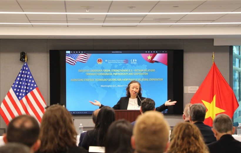 Giáo sư Nguyễn Thị Liên Hằng, Giám đốc Viện Nghiên cứu Đông Á Weatherhead (Đại học Columbia, Mỹ) phát biểu tại hội thảo.