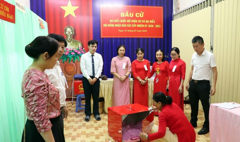 Các thành viên Tổ bầu cử số 27, phường Tam Thắng, Thành phố Hồ Chí Minh tiến hành kiểm phiếu.