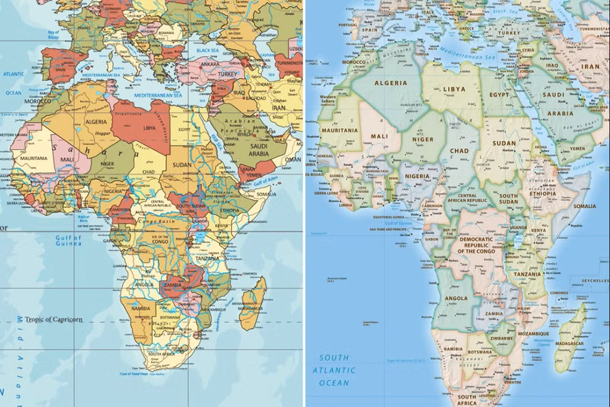 Châu Phi trên bản đồ thế giới truyền thống sử dụng phép chiếu Mercator (bên trái) và trên bản đồ Equal Earth năm 2018 (bên phải). Ảnh: equal-earth.com